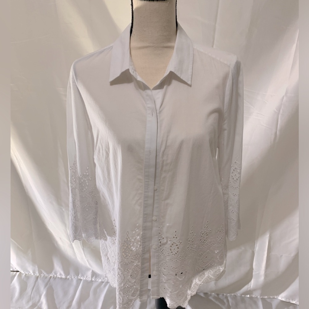 Charter club 100% cotton white button down 1/3 sleeve embroidery shirt size 12 P